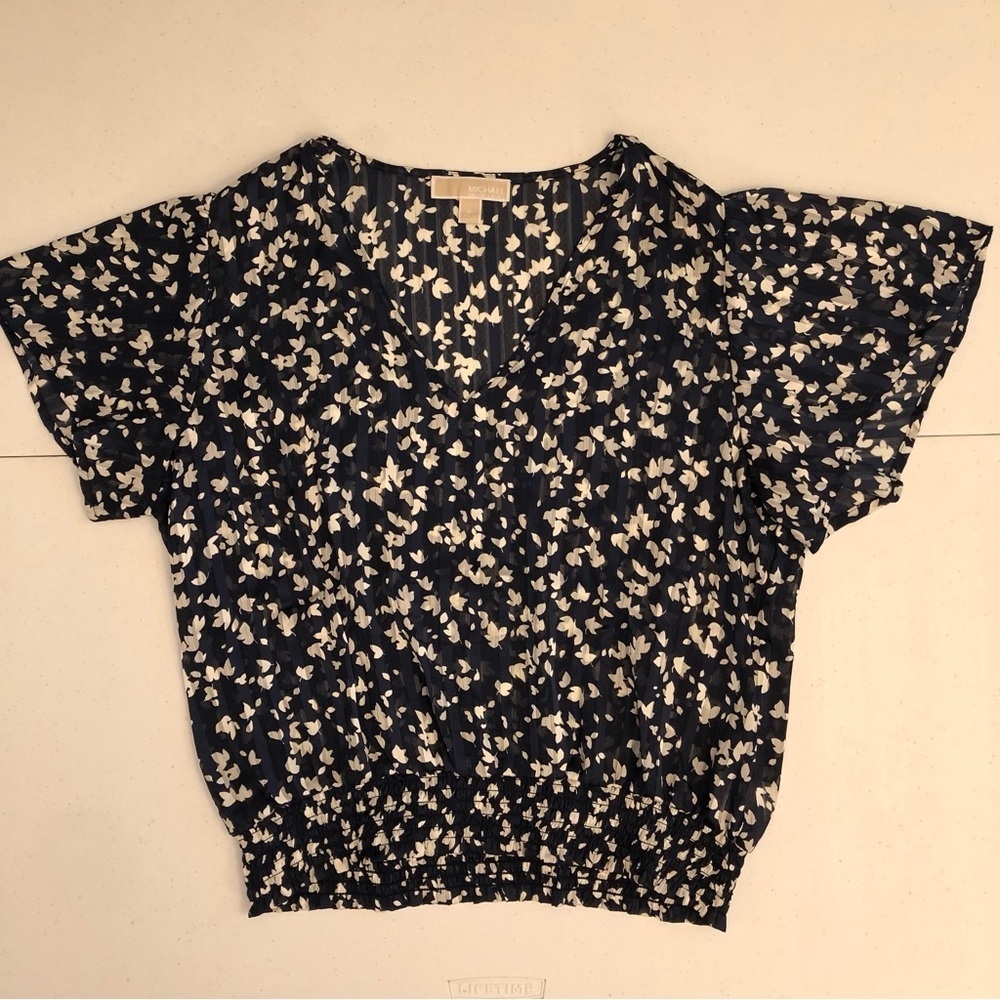 Michael Kors Floral V-Neck Women's Top - Navy and Ivory Size XL - Picture 4 of 9